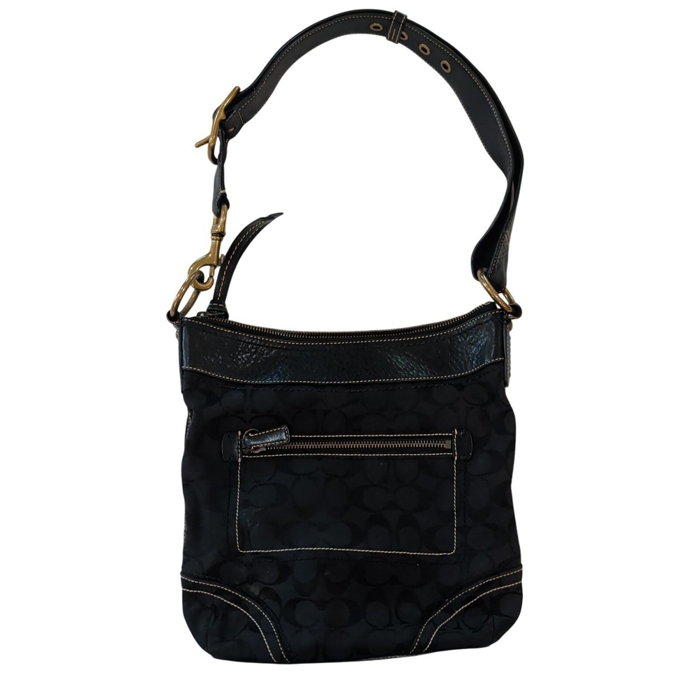Coach Black Signature Leather And Fabric Crossbody Shoulder Handbag Purse